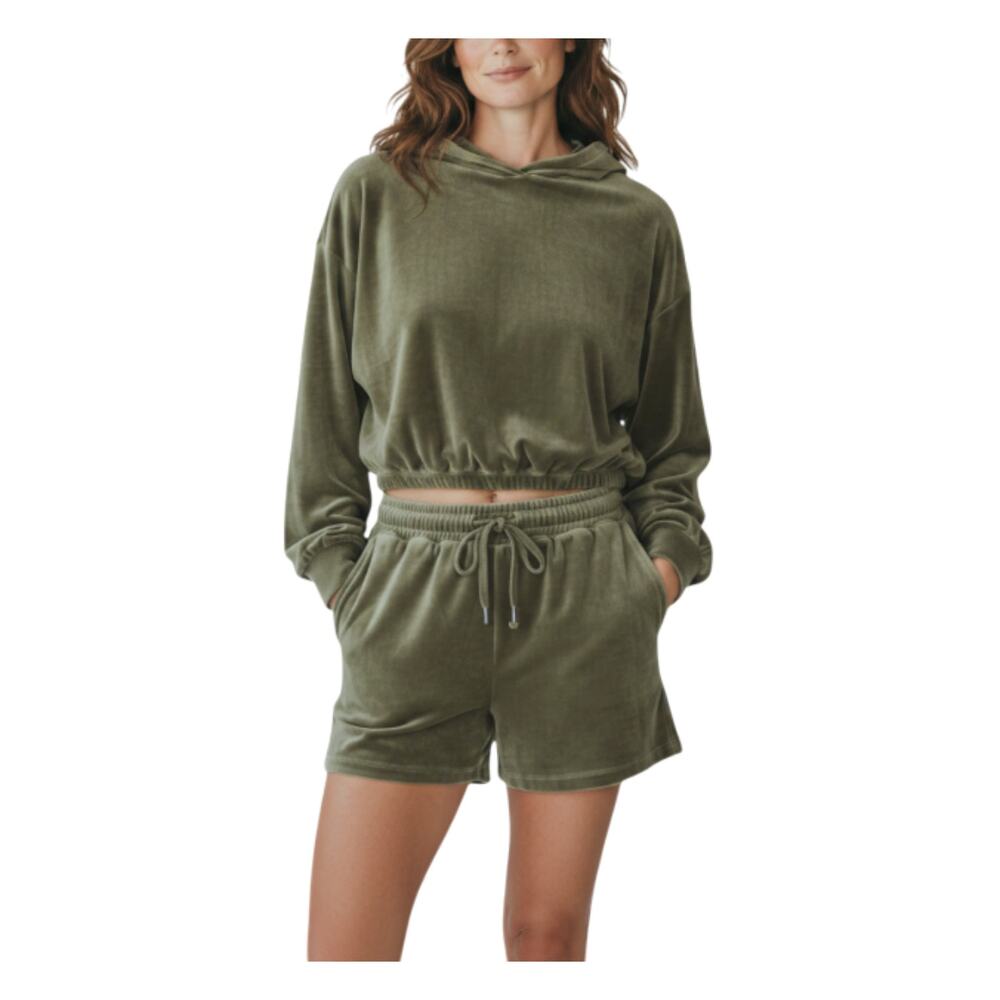ARAMINTA JAMES Velour Crop Hoodie Women 6/XS Khaki Everyday Stylish Travel NWT